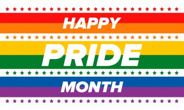 Haziran ayında LGBT Gurur Ayı. Lezbiyen Gey Biseksüel Transseksüel. Yıllık kutlama. LGBT bayrağı. Gökkuşağı aşk konsepti. İnsan hakları ve hoşgörü. Poster, kart, afiş ve geçmiş. Vektör illüstrasyonu