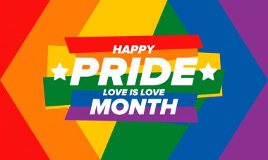 Haziran ayında LGBT Gurur Ayı. Lezbiyen Gey Biseksüel Transseksüel. Yıllık kutlama. LGBT bayrağı. Gökkuşağı aşk konsepti. İnsan hakları ve hoşgörü. Poster, kart, afiş ve geçmiş. Vektör illüstrasyonu