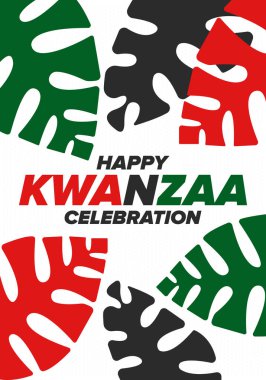 Kwanzaa Mutlu Kutlamalar. Afro-Amerikan kültür bayramı. Yedi gün festival, 26 Aralık 'tan 1 Ocak' a kadar yıllık kutlama. Siyah tarih. Poster, kart, afiş ve geçmiş. Vektör