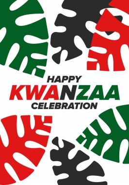 Kwanzaa Happy Celebration. African and African-American culture holiday. Seven days festival, celebrate annual from December 26 to January 1. Black history. Poster, card, banner and background. Vector clipart