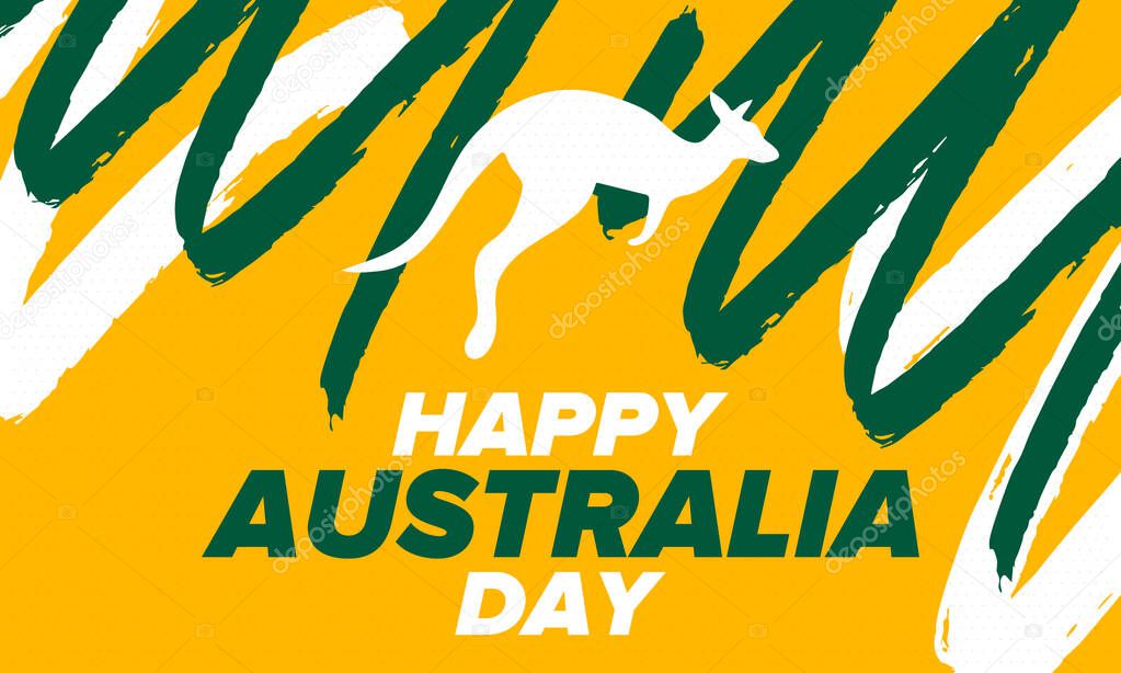 Australia Day. National happy holiday, celebrated annual in January 26. Australian patriotic elements. Kangaroo silhouette. Poster, card, banner and background. Vector illustration