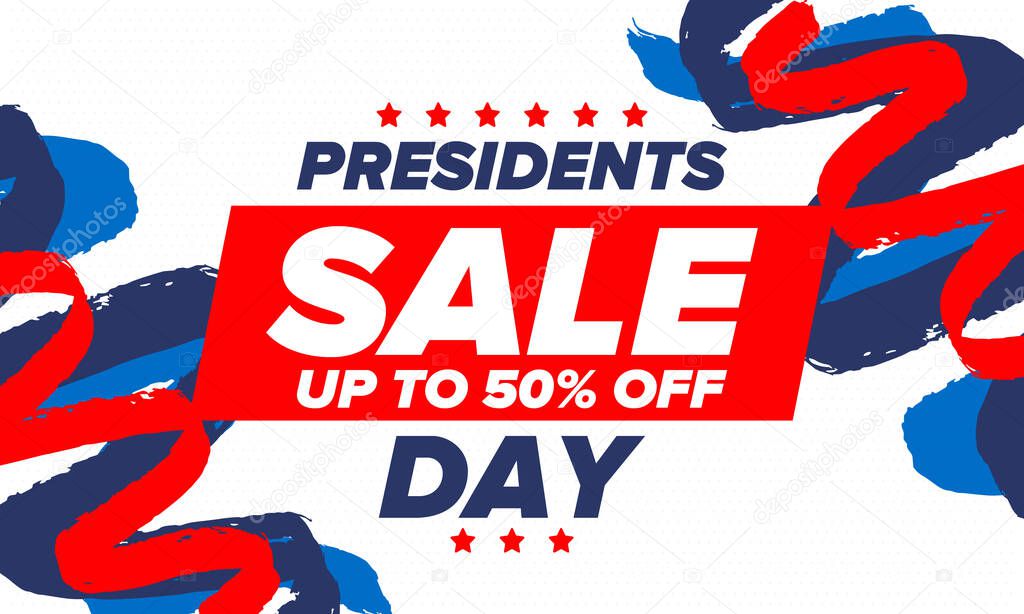 Sale banner for Presidents Day. Special offer template. Holiday shopping in United States. Super season deal. 50% off. Discount badge. Creative advertisement patriotic american poster