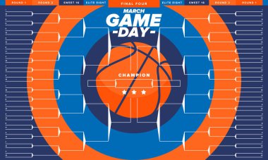 Maç günü. Playoff ızgarası, turnuva desteği. Mart basketbol playoff 'u. Amerika 'da süper spor partisi. Sezon turnuvasının son maçları. Profesyonel takım şampiyonluğu. Basketbol topu. Vektör