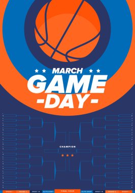Game Day. Playoff grid, tournament bracket. March basketball playoff. Super sport party in United States. Final games of season tournament. Professional team championship. Ball for basketball. Vector clipart