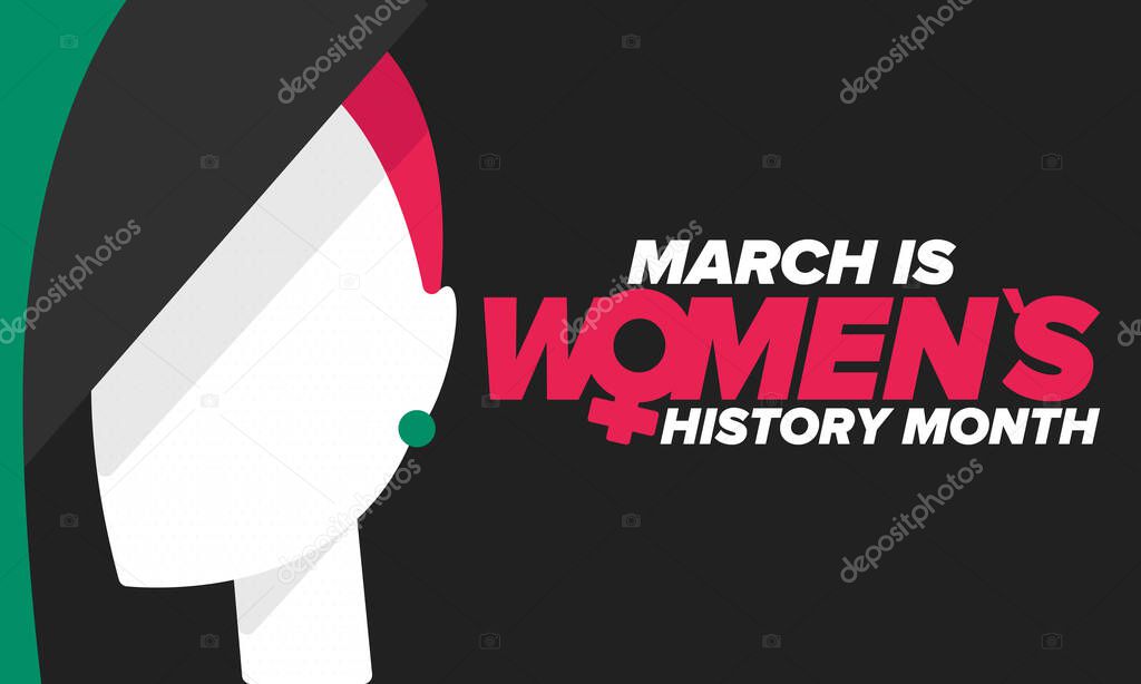 Women's History Month. Celebrated annual in March, to mark womens contribution to history. Female symbol. Women's rights. Girl power in world. Poster, postcard, banner. Vector illustration