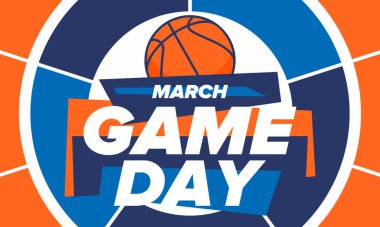 Maç günü. Mart ayında basketbol playoff 'u. Amerika 'da süper spor partisi. Sezon turnuvasının son maçları. Profesyonel takım şampiyonluğu. Basketbol topu. Spor afişi. Vektör