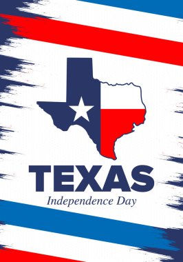 Teksas Bağımsızlık Günü. Amerika Birleşik Devletleri 'nde özgürlük tatili, Mart ayında yıllık kutlama. Lone Star bayrağı. Teksas bayrağı. Vatansever işaretler ve unsurlar. Poster, kart, afiş ve geçmiş. Vektör illüstrasyonu