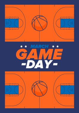 Maç günü. Mart ayında basketbol playoff 'u. Basketbol sahası. Amerika 'da süper spor partisi. Sezon turnuvasının son maçları. Profesyonel takım şampiyonluğu. Basketbol topu. Spor afişi. Vektör