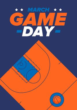 Maç günü. Mart ayında basketbol playoff 'u. Basketbol sahası. Amerika 'da süper spor partisi. Sezon turnuvasının son maçları. Profesyonel takım şampiyonluğu. Basketbol topu. Spor afişi. Vektör