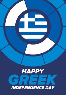 Yunan Bağımsızlık Günü. Ulusal mutlu bayramlar, her yıl 25 Mart 'ta kutlanıyor. Yunanistan bayrağı. Yunan mavisi. Vatansever unsurlar. Poster, kart, afiş ve geçmiş. Vektör illüstrasyonu