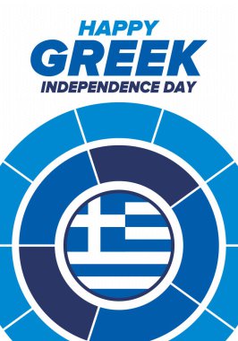 Yunan Bağımsızlık Günü. Ulusal mutlu bayramlar, her yıl 25 Mart 'ta kutlanıyor. Yunanistan bayrağı. Yunan mavisi. Vatansever unsurlar. Poster, kart, afiş ve geçmiş. Vektör illüstrasyonu