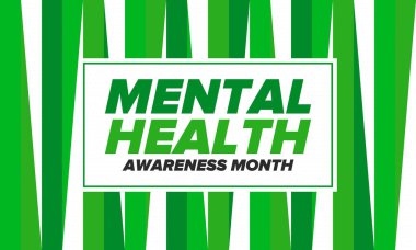 Mayıs 'ta Akıl Sağlığı Bilinci Ayı. Birleşik Devletler 'de yıllık kampanya. Akıl sağlığıyla ilgili farkındalığı arttırıyorum. Kontrol ve koruma. Önleme kampanyası. Tıbbi sağlık hizmeti tasarımı. Vektör illüstrasyonu