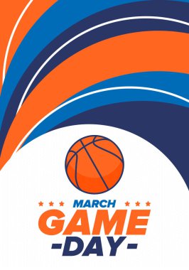 Maç günü. Mart ayında basketbol maçı playoff 'u. Amerika 'da süper spor partisi. Sezon turnuvasının son maçları. Profesyonel takım şampiyonluğu. Basketbol topu. Spor afişi. Vektör