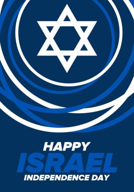 İsrail 'in Bağımsızlık Günü. Ulusal bayram, yıllık kutlama. İsrail bayrağı. Davut 'un Yıldızı, Yahudi sembolü. Vatansever işaretler ve unsurlar. Poster, kart, afiş ve geçmiş. Vektör illüstrasyonu
