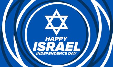 İsrail 'in Bağımsızlık Günü. Ulusal bayram, yıllık kutlama. İsrail bayrağı. Davut 'un Yıldızı, Yahudi sembolü. Vatansever işaretler ve unsurlar. Poster, kart, afiş ve geçmiş. Vektör illüstrasyonu