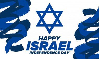 İsrail 'in Bağımsızlık Günü. Ulusal bayram, yıllık kutlama. İsrail bayrağı. Davut 'un Yıldızı, Yahudi sembolü. Vatansever işaretler ve unsurlar. Poster, kart, afiş ve geçmiş. Vektör illüstrasyonu