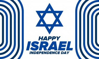 İsrail 'in Bağımsızlık Günü. Ulusal bayram, yıllık kutlama. İsrail bayrağı. Davut 'un Yıldızı, Yahudi sembolü. Vatansever işaretler ve unsurlar. Poster, kart, afiş ve geçmiş. Vektör illüstrasyonu