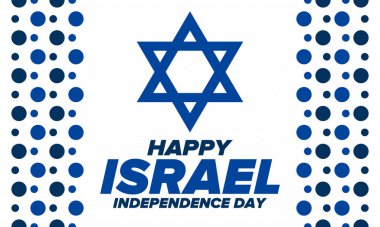 İsrail 'in Bağımsızlık Günü. Ulusal bayram, yıllık kutlama. İsrail bayrağı. Davut 'un Yıldızı, Yahudi sembolü. Vatansever işaretler ve unsurlar. Poster, kart, afiş ve geçmiş. Vektör illüstrasyonu