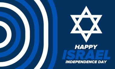 İsrail 'in Bağımsızlık Günü. Ulusal bayram, yıllık kutlama. İsrail bayrağı. Davut 'un Yıldızı, Yahudi sembolü. Vatansever işaretler ve unsurlar. Poster, kart, afiş ve geçmiş. Vektör illüstrasyonu