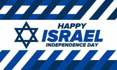 İsrail 'in Bağımsızlık Günü. Ulusal bayram, yıllık kutlama. İsrail bayrağı. Davut 'un Yıldızı, Yahudi sembolü. Vatansever işaretler ve unsurlar. Poster, kart, afiş ve geçmiş. Vektör illüstrasyonu