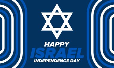 İsrail 'in Bağımsızlık Günü. Ulusal bayram, yıllık kutlama. İsrail bayrağı. Davut 'un Yıldızı, Yahudi sembolü. Vatansever işaretler ve unsurlar. Poster, kart, afiş ve geçmiş. Vektör illüstrasyonu