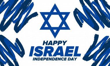 İsrail 'in Bağımsızlık Günü. Ulusal bayram, yıllık kutlama. İsrail bayrağı. Davut 'un Yıldızı, Yahudi sembolü. Vatansever işaretler ve unsurlar. Poster, kart, afiş ve geçmiş. Vektör illüstrasyonu