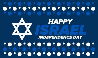 İsrail 'in Bağımsızlık Günü. Ulusal bayram, yıllık kutlama. İsrail bayrağı. Davut 'un Yıldızı, Yahudi sembolü. Vatansever işaretler ve unsurlar. Poster, kart, afiş ve geçmiş. Vektör illüstrasyonu