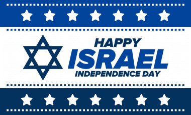 İsrail 'in Bağımsızlık Günü. Ulusal bayram, yıllık kutlama. İsrail bayrağı. Davut 'un Yıldızı, Yahudi sembolü. Vatansever işaretler ve unsurlar. Poster, kart, afiş ve geçmiş. Vektör illüstrasyonu