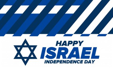 İsrail 'in Bağımsızlık Günü. Ulusal bayram, yıllık kutlama. İsrail bayrağı. Davut 'un Yıldızı, Yahudi sembolü. Vatansever işaretler ve unsurlar. Poster, kart, afiş ve geçmiş. Vektör illüstrasyonu