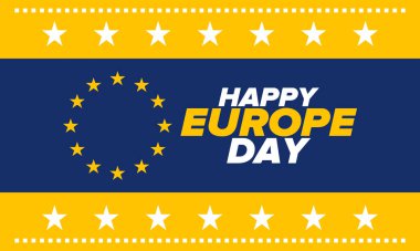 Avrupa Günü. Mayıs 'ta yıllık resmi tatil. Bu, Avrupa Konseyi 'nin 5 Mayıs, Avrupa Birliği' nin 9 Mayıs tarihli iki yıllık gözlemleme gününün adıdır. Poster, kart, afiş ve geçmiş. Vektör