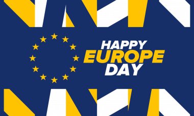 Avrupa Günü. Mayıs 'ta yıllık resmi tatil. Bu, Avrupa Konseyi 'nin 5 Mayıs, Avrupa Birliği' nin 9 Mayıs tarihli iki yıllık gözlemleme gününün adıdır. Poster, kart, afiş ve geçmiş. Vektör