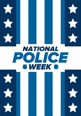 Mayıs 'ta Ulusal Polis Haftası. Amerika 'da yıllık kutlama. Kahraman polisin onuruna. Polis rozeti ve vatansever unsurlar. Subaylar Anma Günü. Poster, kart, pankart. Vektör illüstrasyonu
