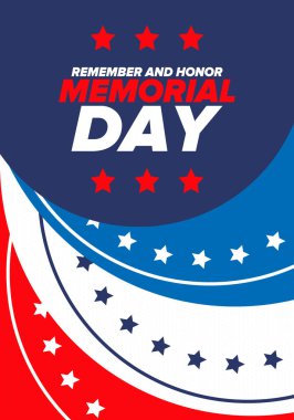 Amerika 'da Anma Günü. Unutma ve onurlandır. Birleşik Devletler Silahlı Kuvvetleri 'nde görev yaparken ölen insanları hatırlamak ve onurlandırmak için federal bayram. Mayıs 'ta kutlandı. Vektör posteri
