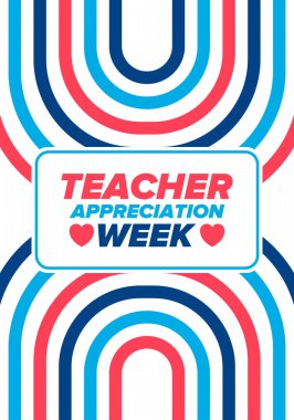 Amerika 'da Öğretmen Takdir Haftası. Mayıs 'ta yıllık kutlama. Çocuklarımızı çalıştıran ve eğiten öğretmenlerin onuruna. Okul ve eğitim. Öğrenci konsepti. Vektör illüstrasyonu