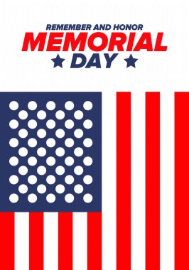 Amerika 'da Anma Günü. Unutma ve onurlandır. Birleşik Devletler Silahlı Kuvvetleri 'nde görev yaparken ölen insanları hatırlamak ve onurlandırmak için federal bayram. Mayıs 'ta kutlandı. Vektör posteri