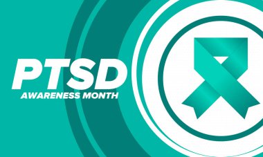 Haziran 'da TSSB Farkındalık Ayı. Travma Sonrası Stres Bozukluğu. Amerika 'da yıllık kutlama. Tıbbi sağlık ve farkındalık tasarımı. Poster, kart, afiş ve geçmiş. Vektör illüstrasyonu