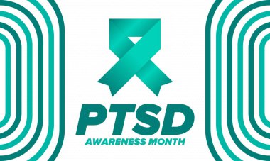 Haziran 'da TSSB Farkındalık Ayı. Travma Sonrası Stres Bozukluğu. Amerika 'da yıllık kutlama. Tıbbi sağlık ve farkındalık tasarımı. Poster, kart, afiş ve geçmiş. Vektör illüstrasyonu