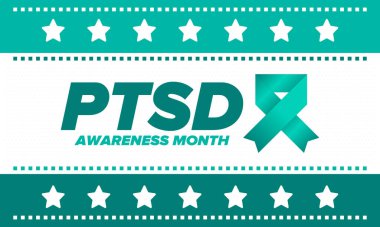 Haziran 'da TSSB Farkındalık Ayı. Travma Sonrası Stres Bozukluğu. Amerika 'da yıllık kutlama. Tıbbi sağlık ve farkındalık tasarımı. Poster, kart, afiş ve geçmiş. Vektör illüstrasyonu