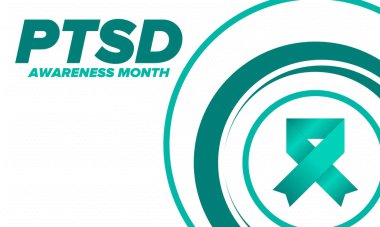 Haziran 'da TSSB Farkındalık Ayı. Travma Sonrası Stres Bozukluğu. Amerika 'da yıllık kutlama. Tıbbi sağlık ve farkındalık tasarımı. Poster, kart, afiş ve geçmiş. Vektör illüstrasyonu