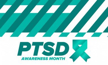 Haziran 'da TSSB Farkındalık Ayı. Travma Sonrası Stres Bozukluğu. Amerika 'da yıllık kutlama. Tıbbi sağlık ve farkındalık tasarımı. Poster, kart, afiş ve geçmiş. Vektör illüstrasyonu