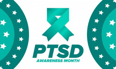 Haziran 'da TSSB Farkındalık Ayı. Travma Sonrası Stres Bozukluğu. Amerika 'da yıllık kutlama. Tıbbi sağlık ve farkındalık tasarımı. Poster, kart, afiş ve geçmiş. Vektör illüstrasyonu