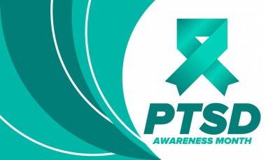 Haziran 'da TSSB Farkındalık Ayı. Travma Sonrası Stres Bozukluğu. Amerika 'da yıllık kutlama. Tıbbi sağlık ve farkındalık tasarımı. Poster, kart, afiş ve geçmiş. Vektör illüstrasyonu