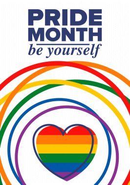 Haziran 'da LGBTQIA Onur Ayı. Lezbiyen Gey Biseksüel Transseksüel. Yıllık kutlama. LGBT bayrağı. Gökkuşağı aşk konsepti. İnsan hakları ve hoşgörü. Poster, kart, afiş ve geçmiş. Vektör illüstrasyonu