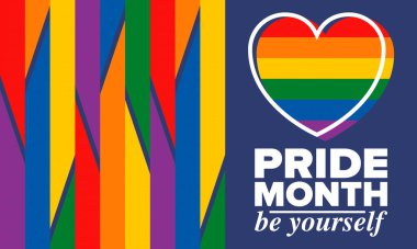 Haziran 'da LGBTQIA Onur Ayı. Lezbiyen Gey Biseksüel Transseksüel. Yıllık kutlama. LGBT bayrağı. Gökkuşağı aşk konsepti. İnsan hakları ve hoşgörü. Poster, kart, afiş ve geçmiş. Vektör illüstrasyonu