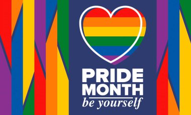 Haziran 'da LGBTQIA Onur Ayı. Lezbiyen Gey Biseksüel Transseksüel. Yıllık kutlama. LGBT bayrağı. Gökkuşağı aşk konsepti. İnsan hakları ve hoşgörü. Poster, kart, afiş ve geçmiş. Vektör illüstrasyonu