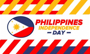 Filipinler Bağımsızlık Günü. Filipinler 'de her yıl 12 Haziran' da kutlanır. Ulusal özgürlük bayramın kutlu olsun. Filipinler bayrağı. Güneydoğu Asya ülkesi. Vatansever tasarım. Vektör posteri