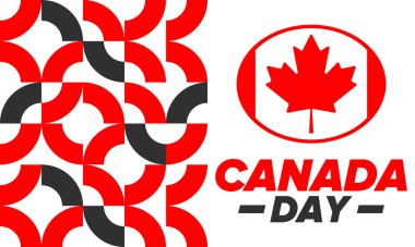 Kanada günün kutlu olsun. Ulusal bayram, her yıl 1 Temmuz 'da kutlanır. Kanada bayrağı. Akçaağaç yaprağı. Vatanseverlik sembolü ve unsurları. Poster, kart, afiş ve geçmiş. Vektör illüstrasyonu