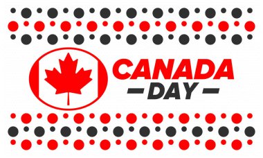Kanada günün kutlu olsun. Ulusal bayram, her yıl 1 Temmuz 'da kutlanır. Kanada bayrağı. Akçaağaç yaprağı. Vatanseverlik sembolü ve unsurları. Poster, kart, afiş ve geçmiş. Vektör illüstrasyonu