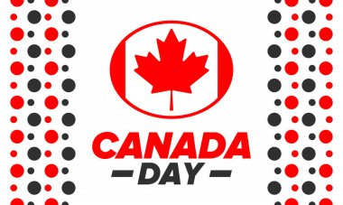 Kanada günün kutlu olsun. Ulusal bayram, her yıl 1 Temmuz 'da kutlanır. Kanada bayrağı. Akçaağaç yaprağı. Vatanseverlik sembolü ve unsurları. Poster, kart, afiş ve geçmiş. Vektör illüstrasyonu