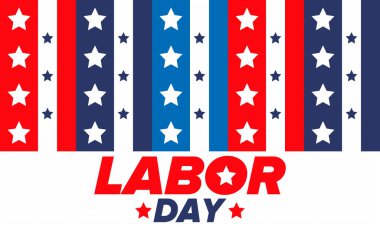 Mutlu İşçi Bayramı. Federal bayram, Amerika 'da yıllık kutlama. Amerikan işçi hareketi. Vatansever Amerikan unsurları. Poster, kart, afiş ve geçmiş. Vektör illüstrasyonu